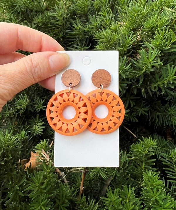 Pumpkin Orange Wood Sunburst Earrings