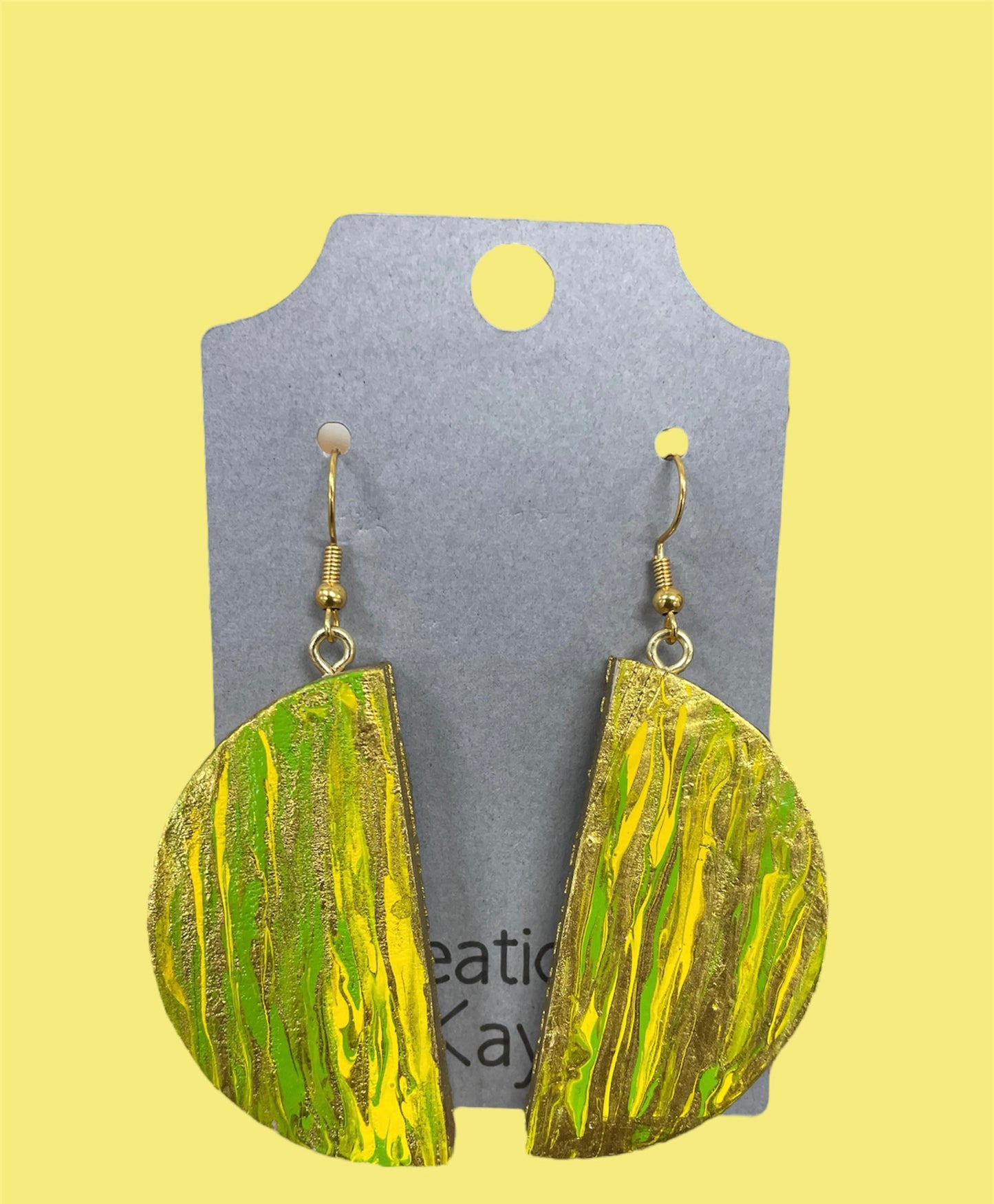 # 237 Green, yellow, and gold painted half circle earrings