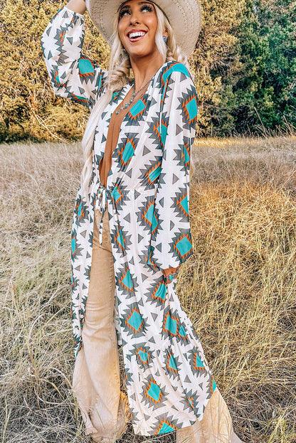 White Western Aztec Print Duster Open Front Top