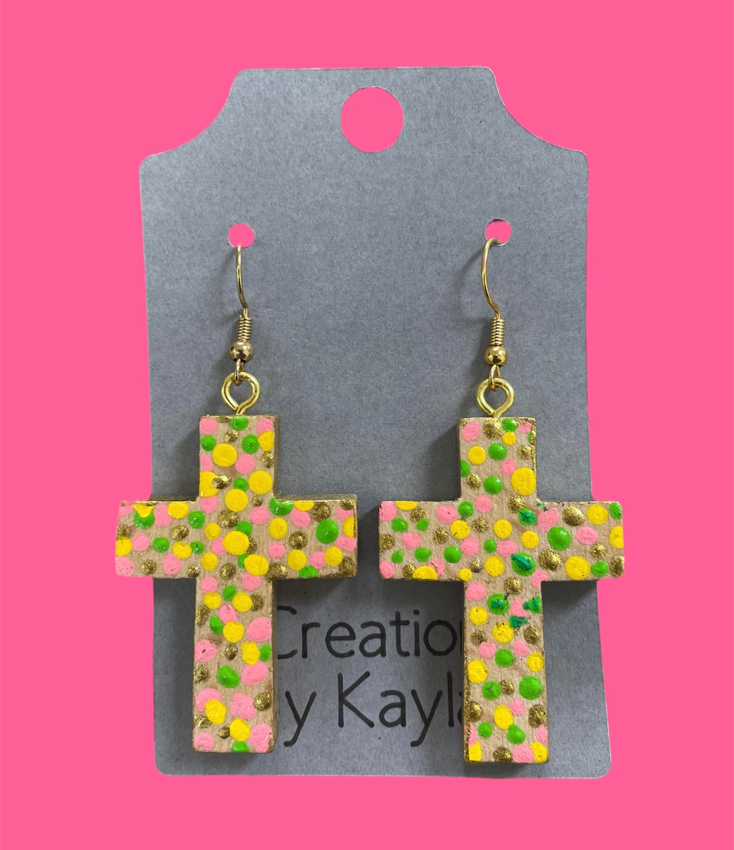 # 249 pink green cross yellow earrings