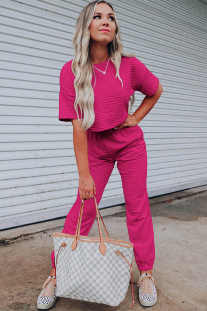 Rose Red Lattice Textured Cropped Tee and Jogger Pants Set