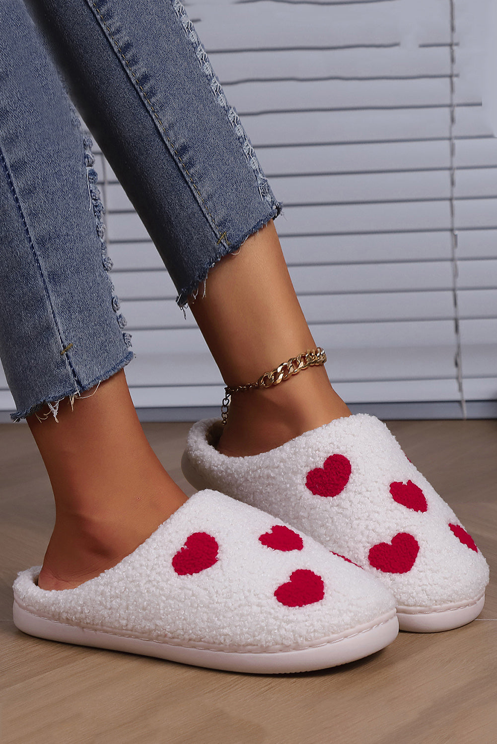 White Valentines Day Hearts Print Plush House Slippers