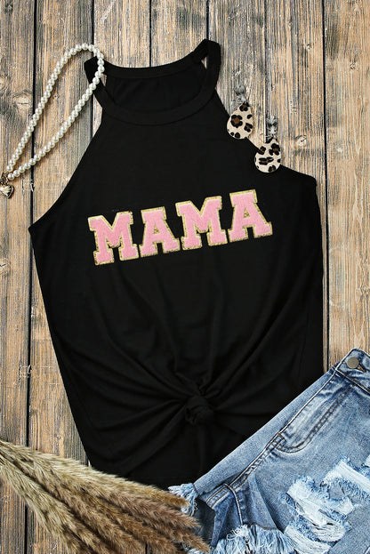 Black MAMA Chenille Patched O Neck Tank Top