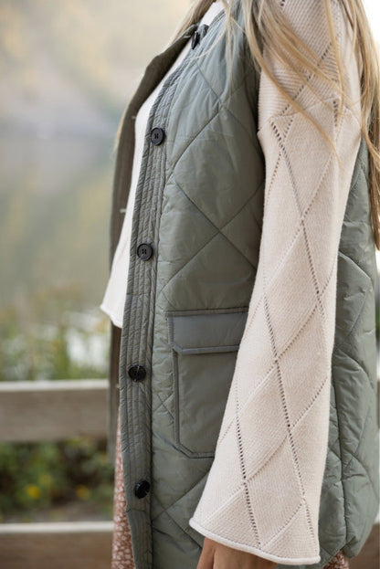 Grass Green Quilted Long Vest Jacket with Pockets