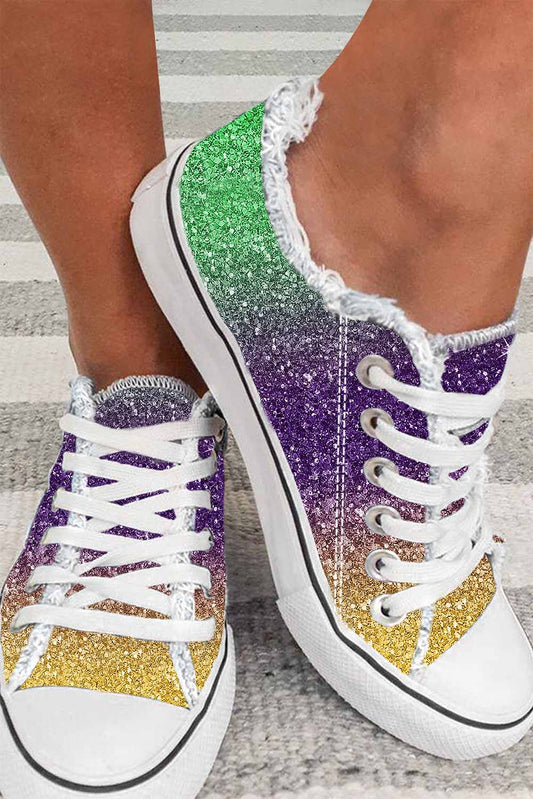 Multicolor Shiny Gradient Raw Hem Lace-up Flat Canvas Shoes