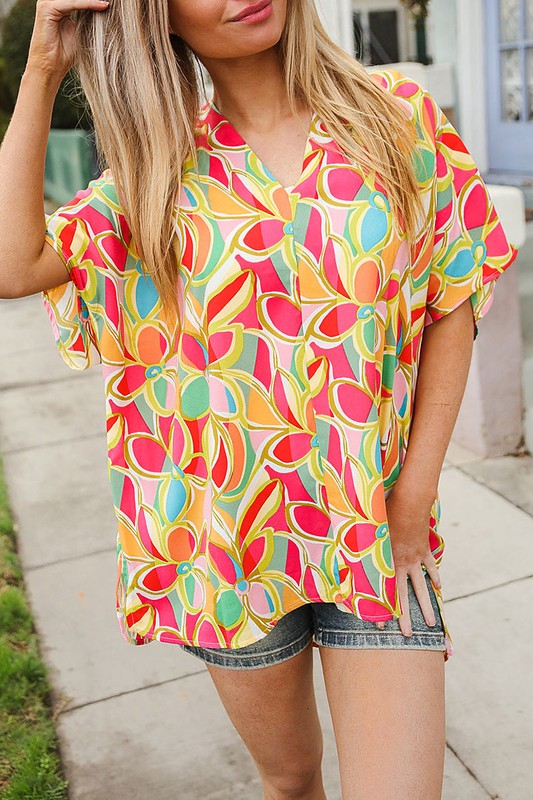 Florla Print V Neck Loose Fit Top