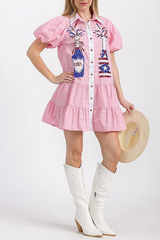 Puff Sleeve Pockets Tiered Sequins Graphic Dress