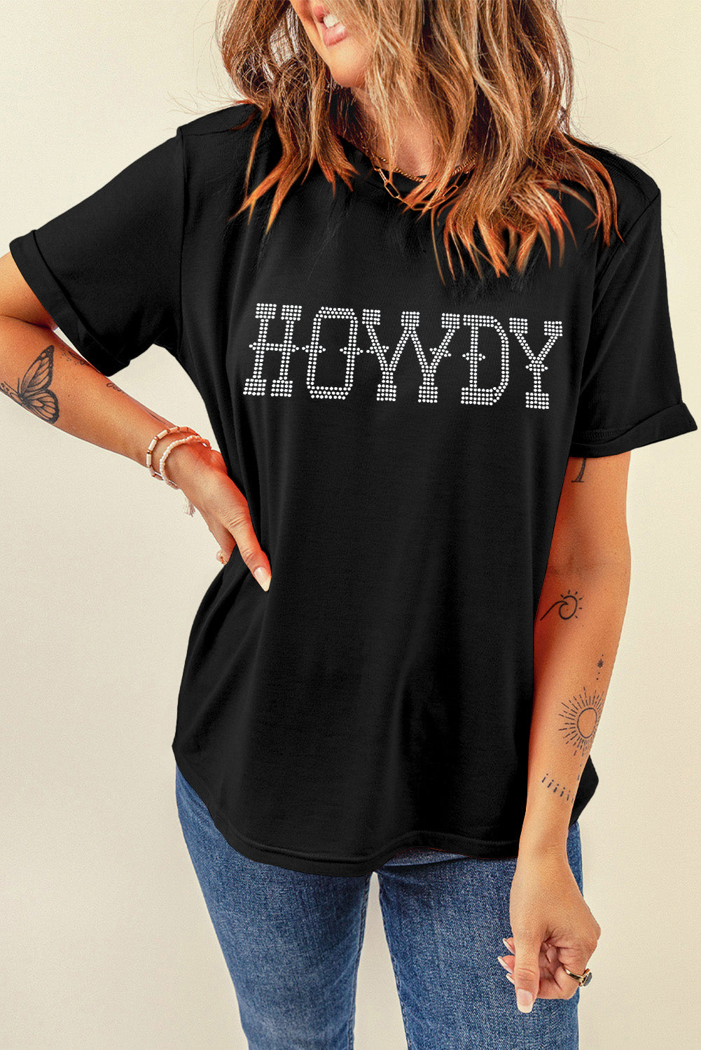 Black HOWDY Rhinestone Slim Fit Crew Neck T Shirt
