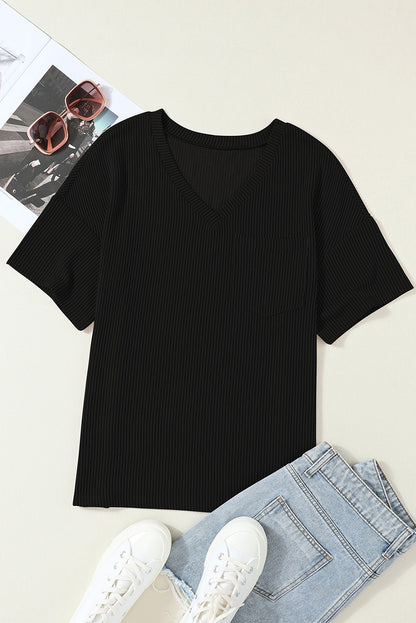 Black Corded V Neck Chest Pocket Loose T-shirt