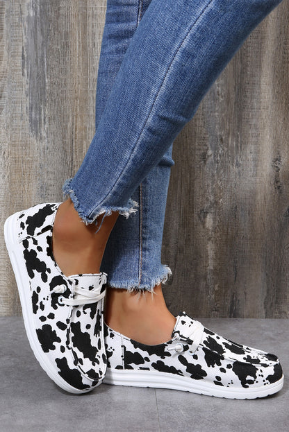 White Cow Print Lace Up Round Toe Flat Sneakers