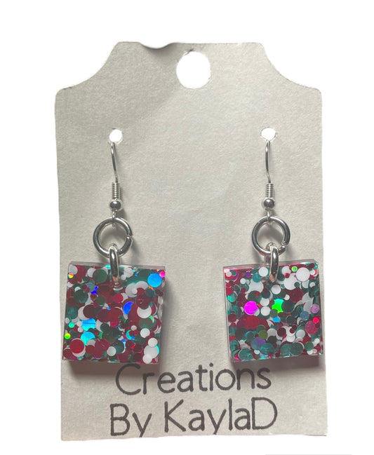#362 Small Pink and Blue Square Sparkle Earrings