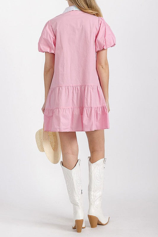 Puff Sleeve Pockets Tiered Sequins Graphic Dress