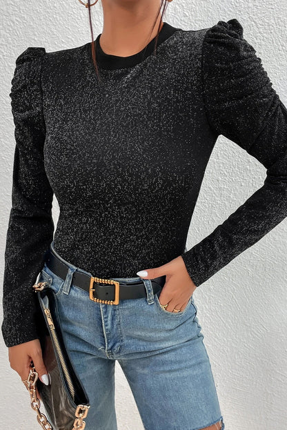 Black Gigot Sleeve Metallic Knit Slim Fit Top