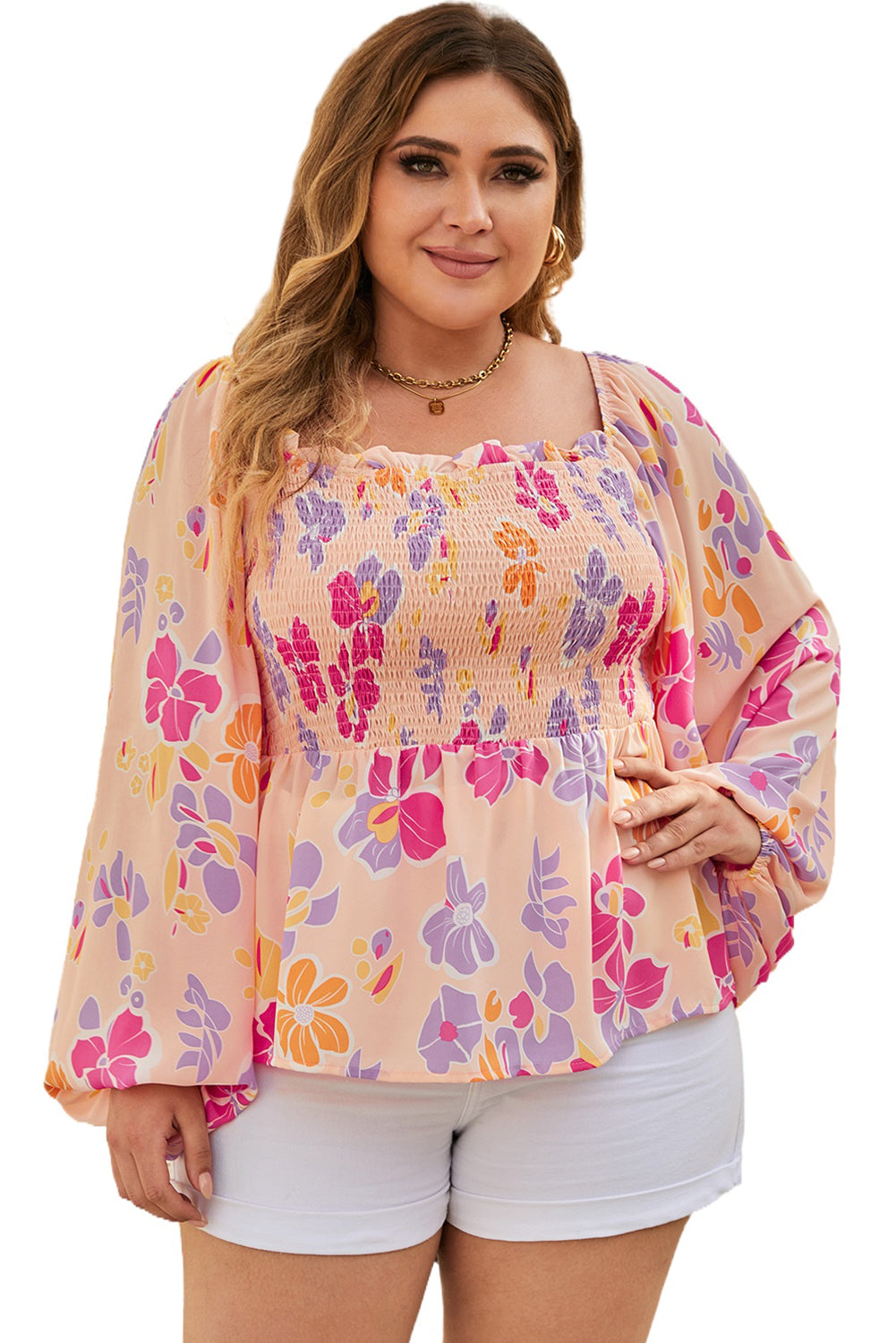 Pink Plus Size Floral Puff Sleeve Smocked Peplum Top