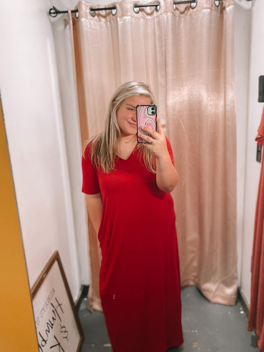 Plus V-Neck Short Sleeve Maxi Dress Burgundy