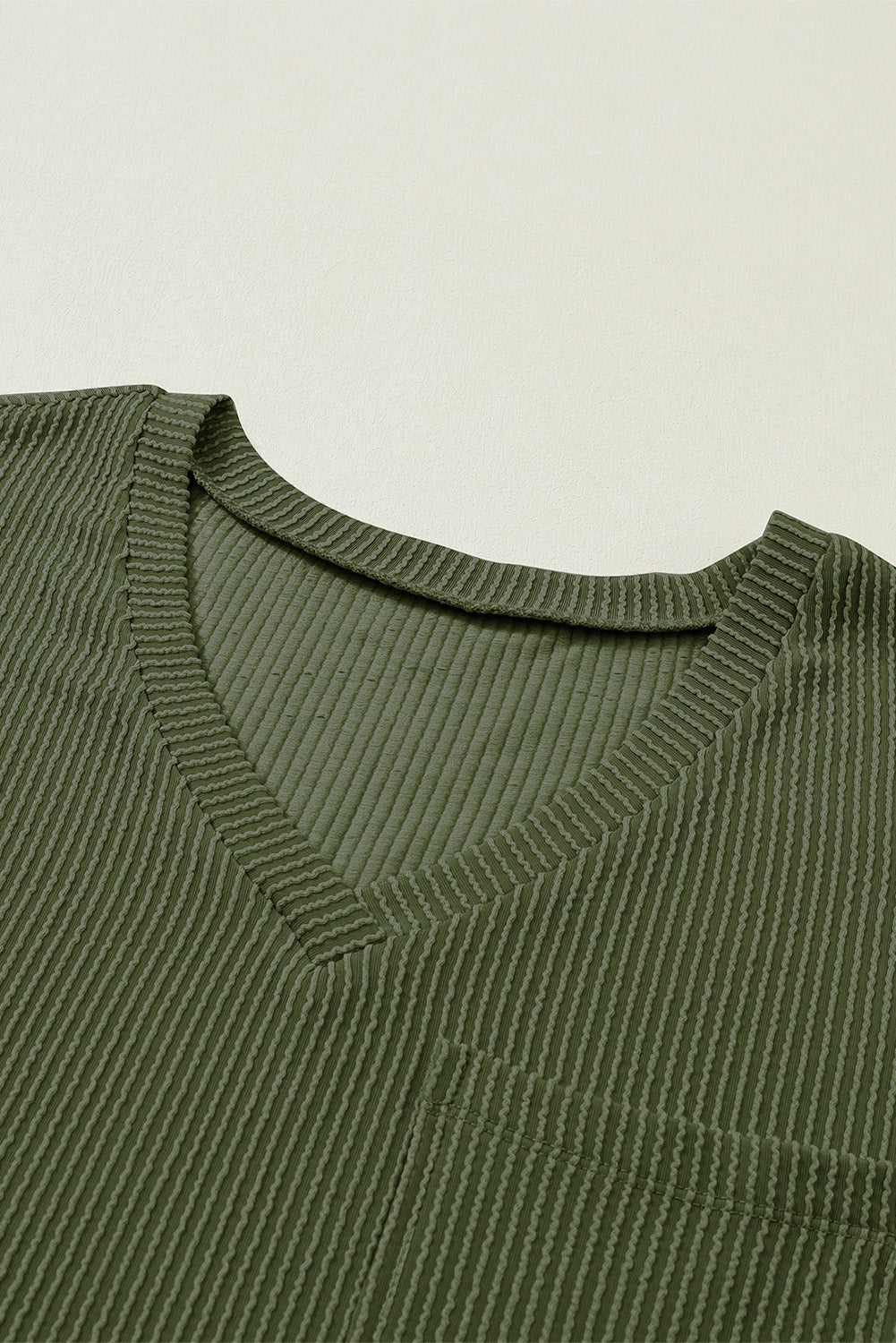 Jungle Green Corded V Neck Chest Pocket Loose T-shirt