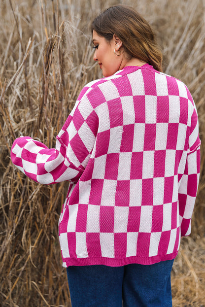 Bonbon Checkered Pattern Open Front Plus Size Cardigan