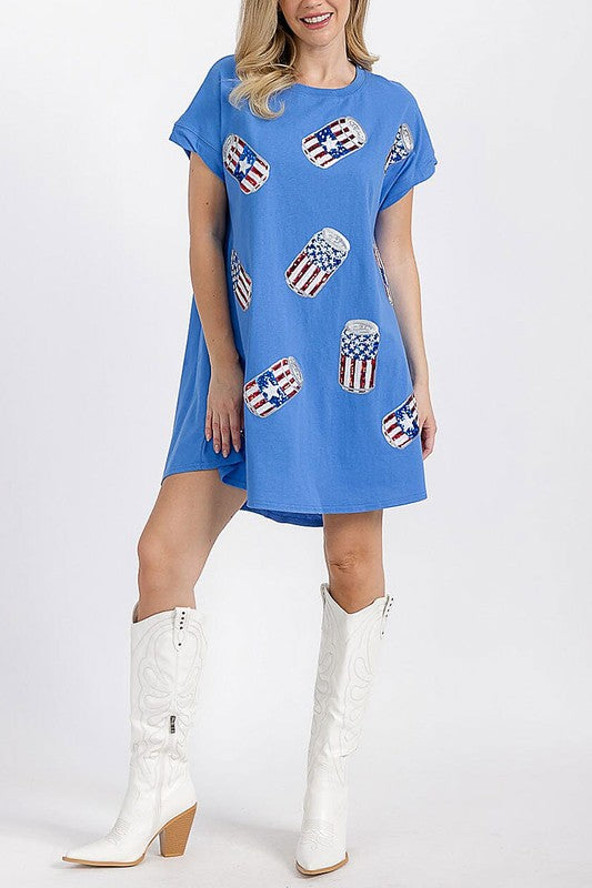 Blue Short Sleeve Sequins Graphic Tunic Mini Dress