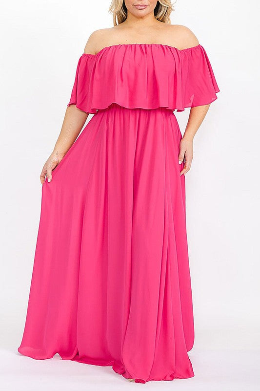 Short Sleeve Off Shoulder Elastic Waist Maxi Dress