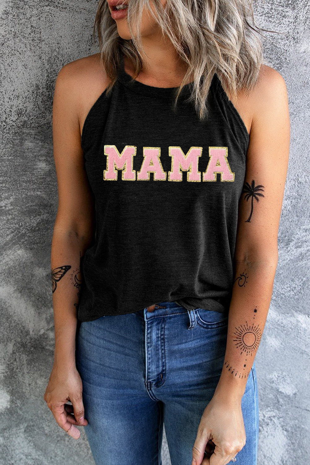 Black MAMA Chenille Patched O Neck Tank Top
