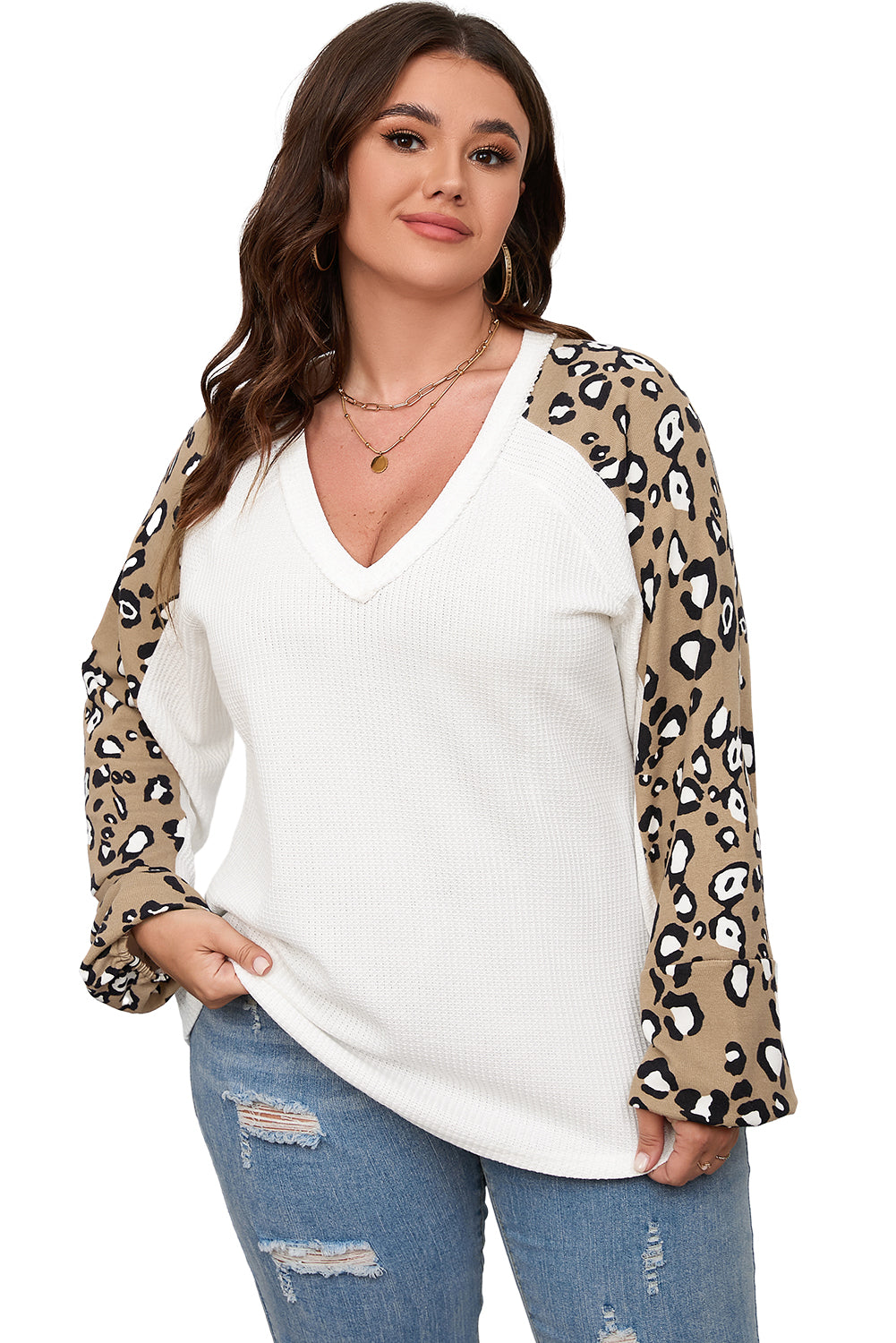 Beige Printed Plus Size Waffle Knit Contrast Leopard Long Sleeve Top