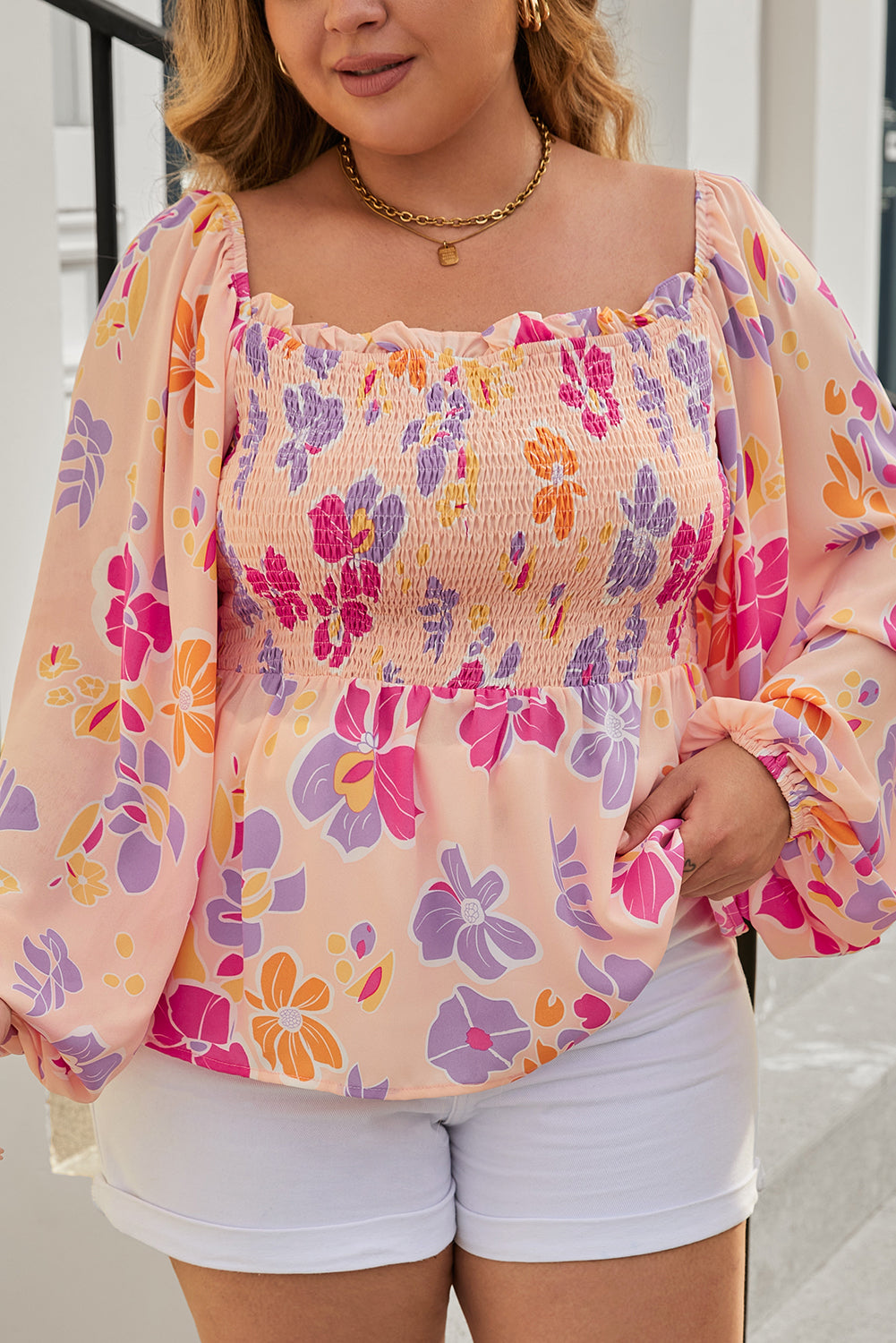 Pink Plus Size Floral Puff Sleeve Smocked Peplum Top