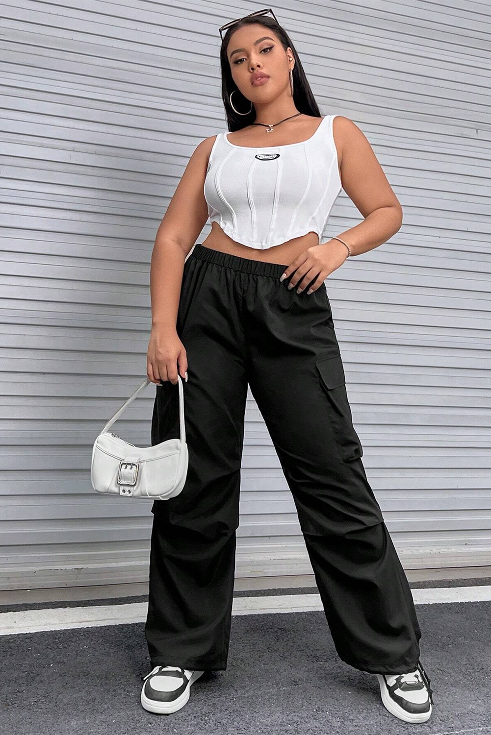 Black Plus Size Flap Pocket Elastic Waist Cargo Pants