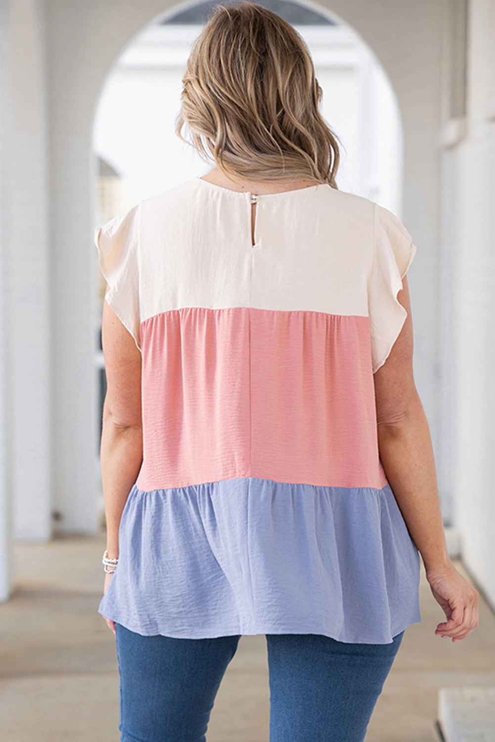 Pink Plus Size Colorblock Ruffle Flowy Top