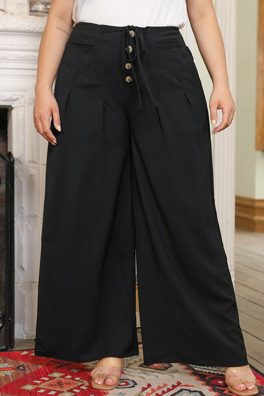 Black Buttoned Lace-up Waist Wide Leg Plus Size Pants