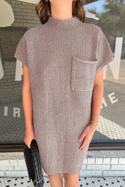 Simply Taupe Patch Pocket Ribbed Knit Short Sleeve Sweater Dress