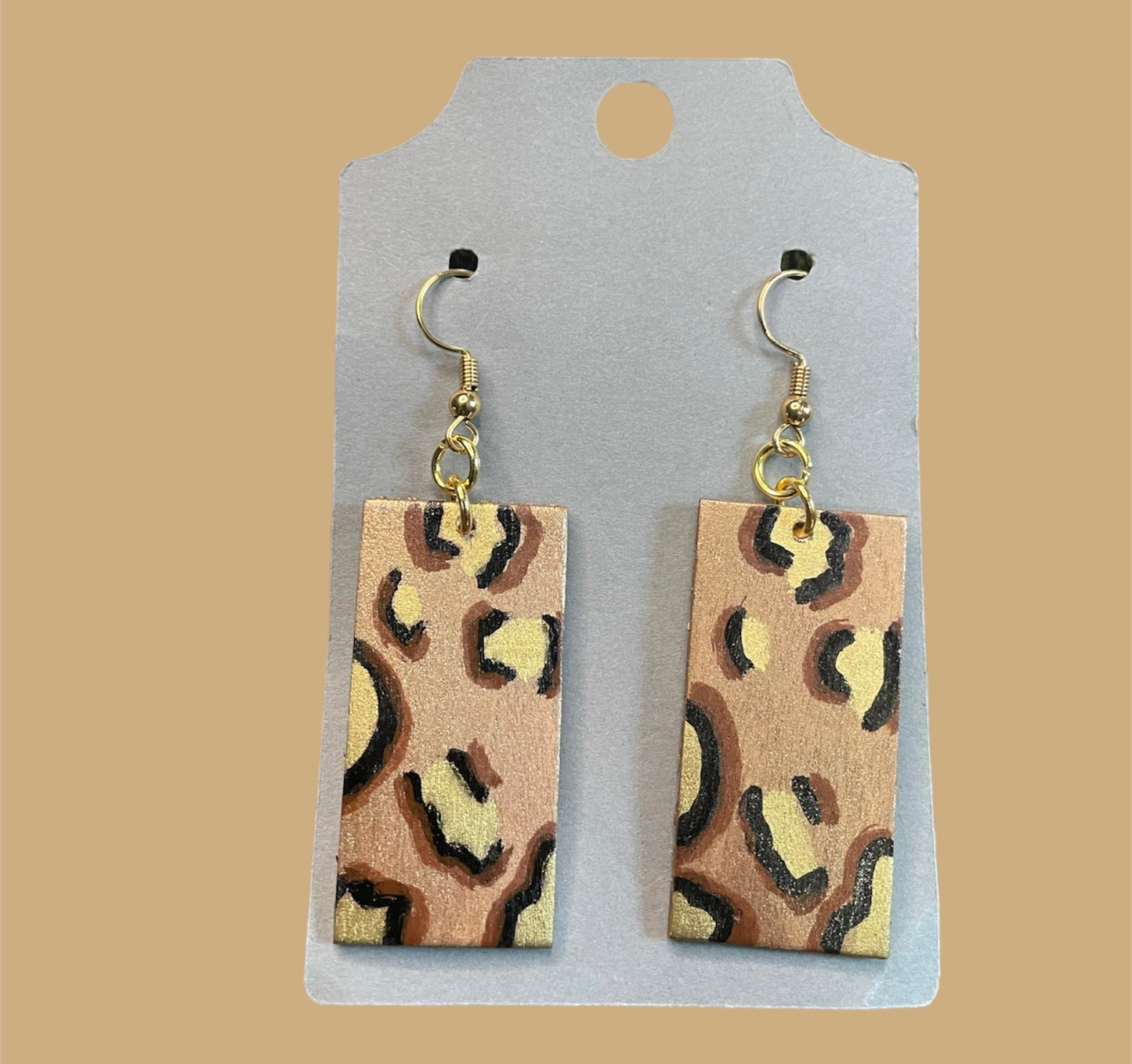 #226 Wood Gold Cheetah print rectangle earrings