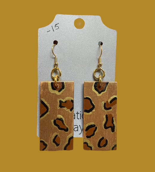 #222 gold metal and leather cheetah print earrings