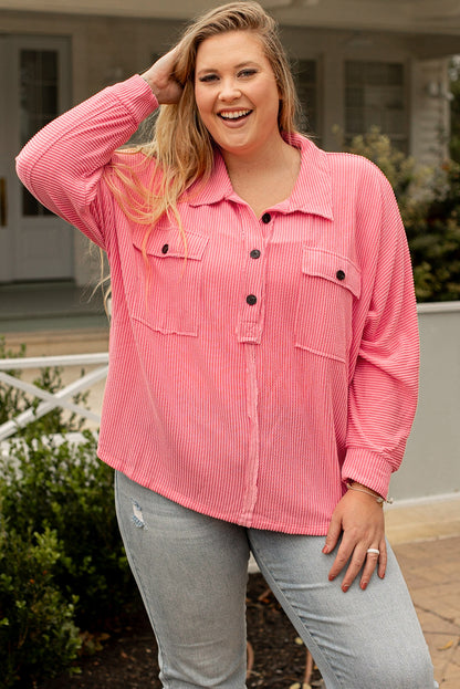 Pink Plus Size Ribbed Pocketed Long Sleeve Henley Top