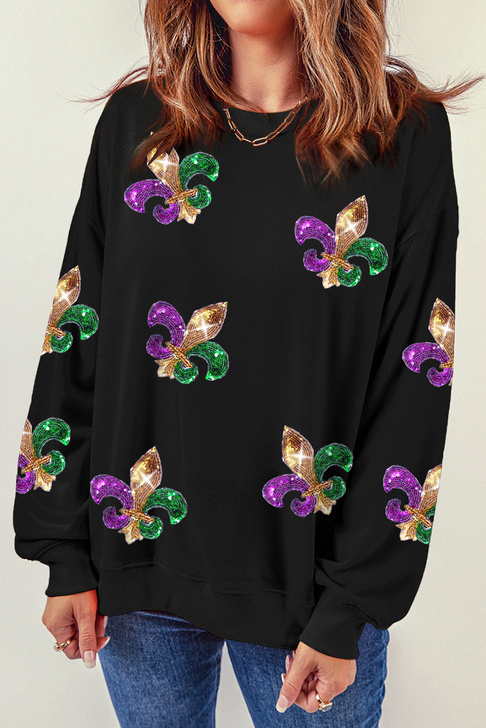 Black Sequin Mardi Gras Graphic Pullover Sweatshirt