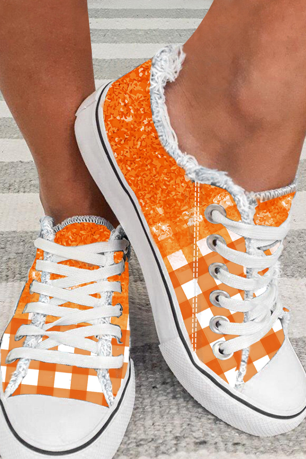 Orange Checkered Flat Canvas Shoes