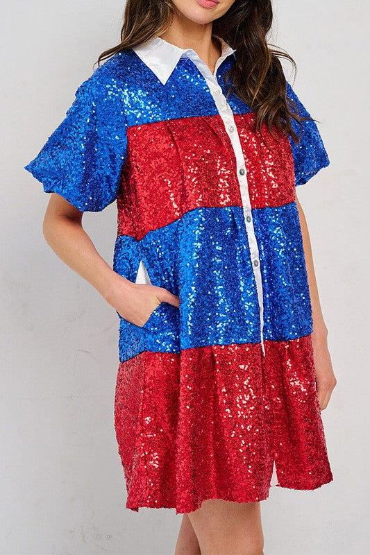 Puff Sleeve Front Pockets Colorblock Sequins Dress