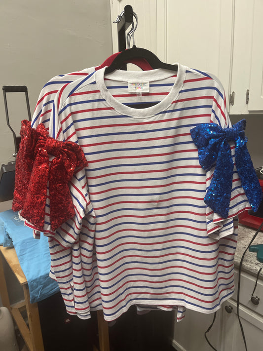 Short Sleeve Stripes Sequins Bows Patriotic Shirt