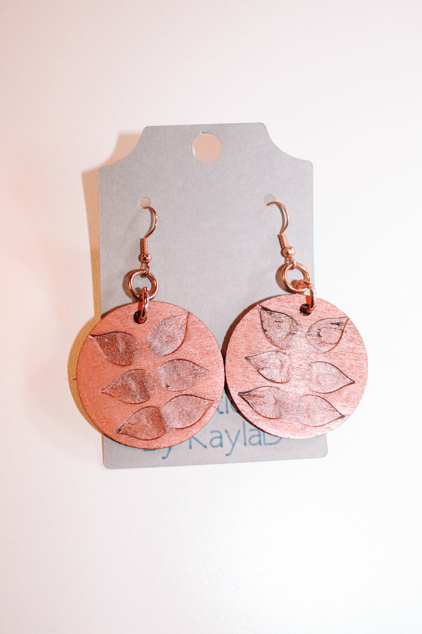 #96 Small wood burned copper circle earrings