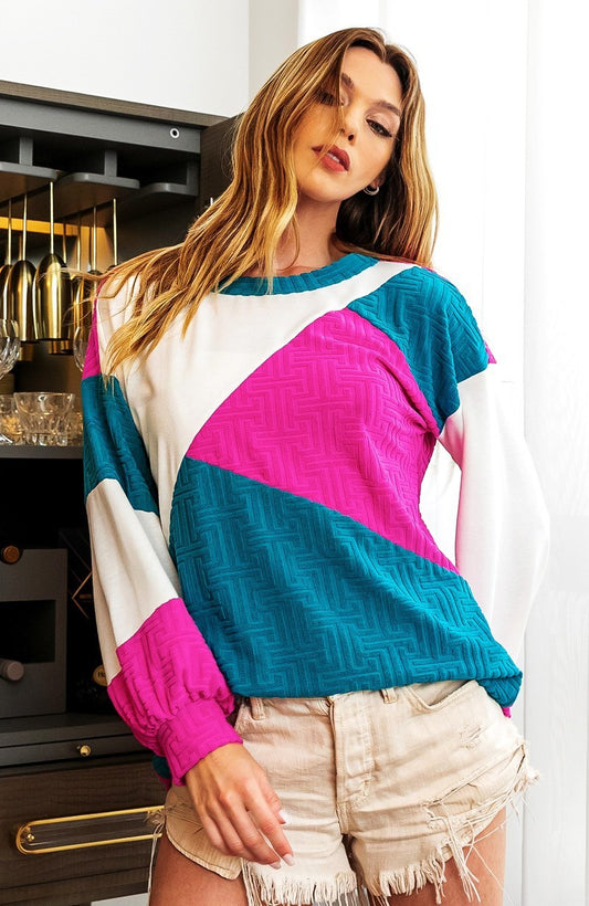 CONTRAST COLOR BLOCK CREW NECK TOP