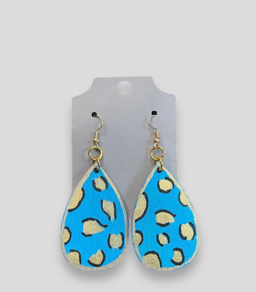 #225 Wood Teal Gold Drop Earring
