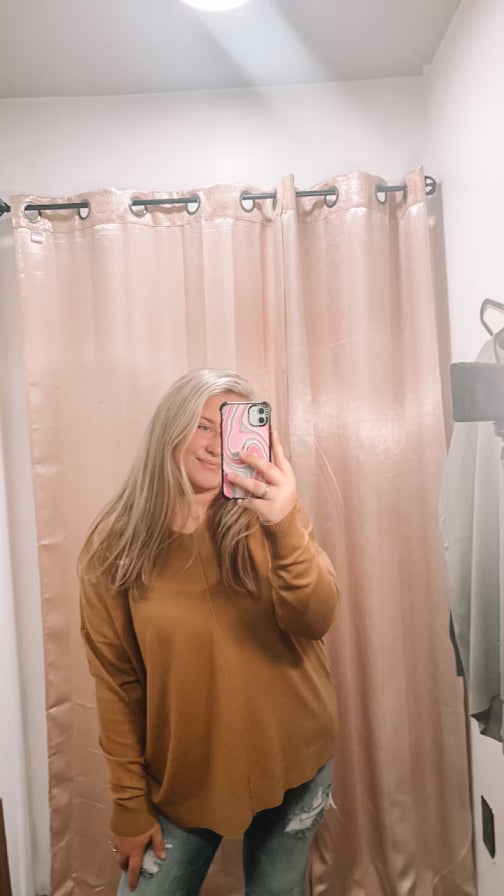Plus Hi-Low Garmnet Dyed Front Seam Sweater Deep Camel