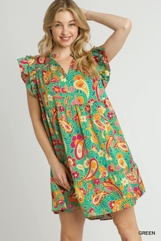 Ruffle V-Neck Paisley Print A-Line Dress with Flutter Sleeves