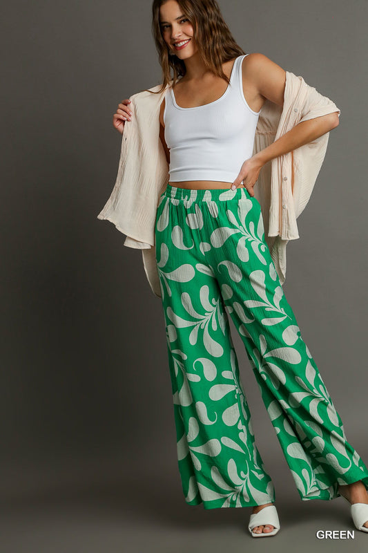 Crinkled Two Tone Print Palazzo Wide Leg Pants with Side Pockets