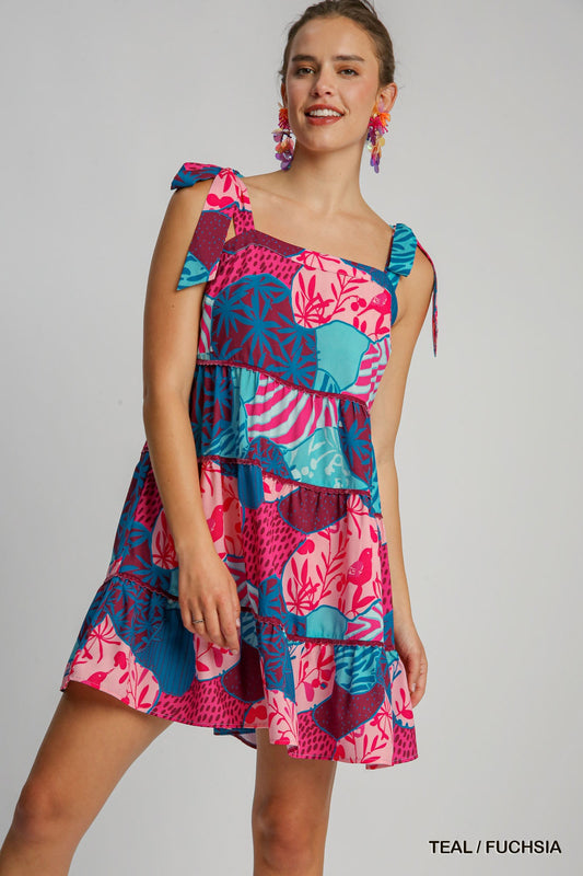 Sleeveless Print Tiered Mini Dress