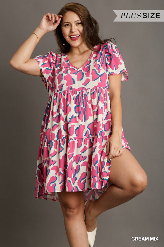 Cream Abstract Print V-Neck Tiered Dress with Pleat Detail On Sleeves