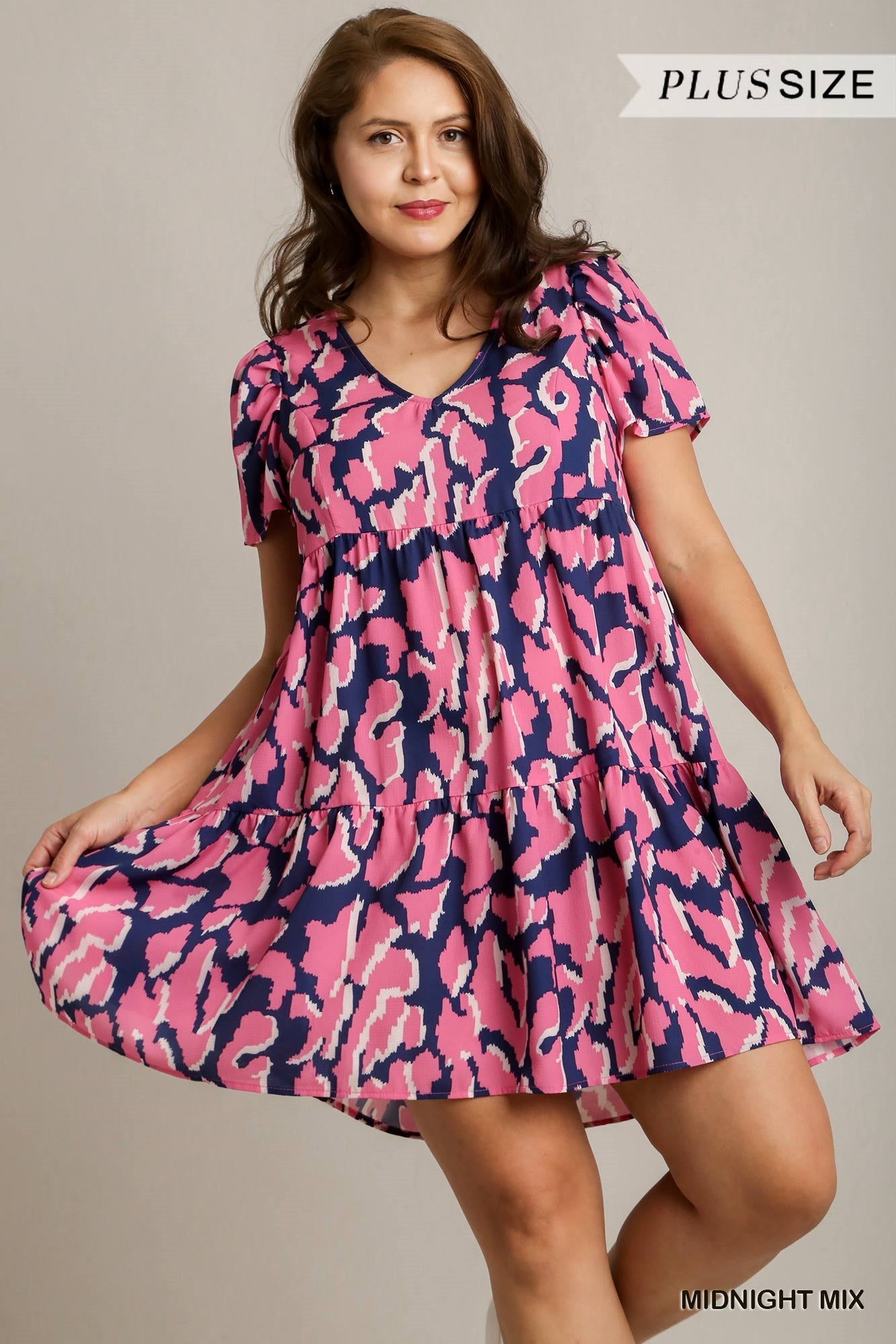 Midnight Abstract Print V-Neck Tiered Dress with Pleat Detail On Sleeves