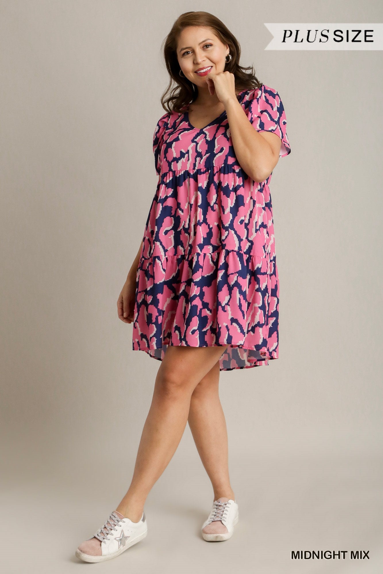Midnight Abstract Print V-Neck Tiered Dress with Pleat Detail On Sleeves