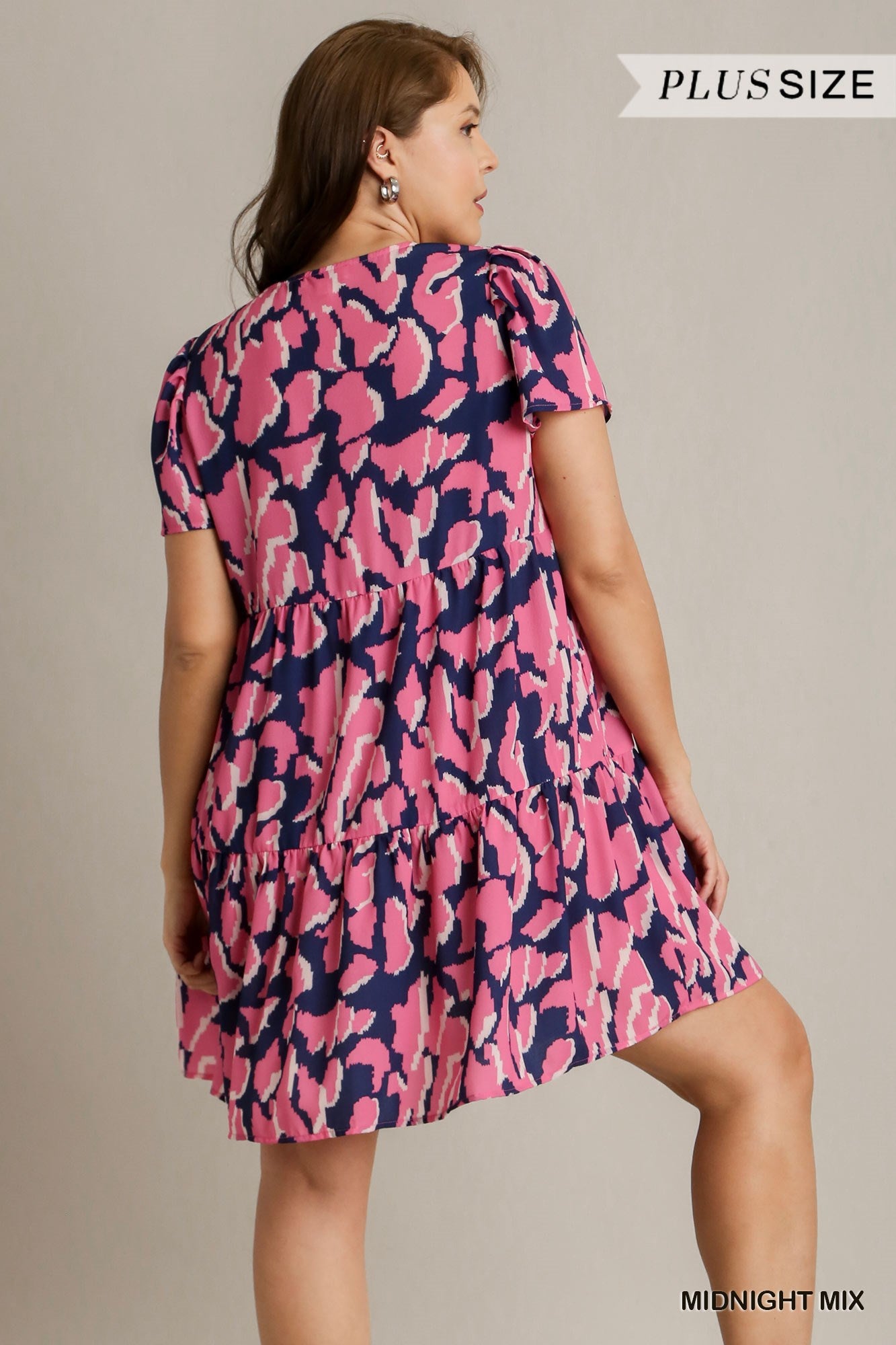 Midnight Abstract Print V-Neck Tiered Dress with Pleat Detail On Sleeves
