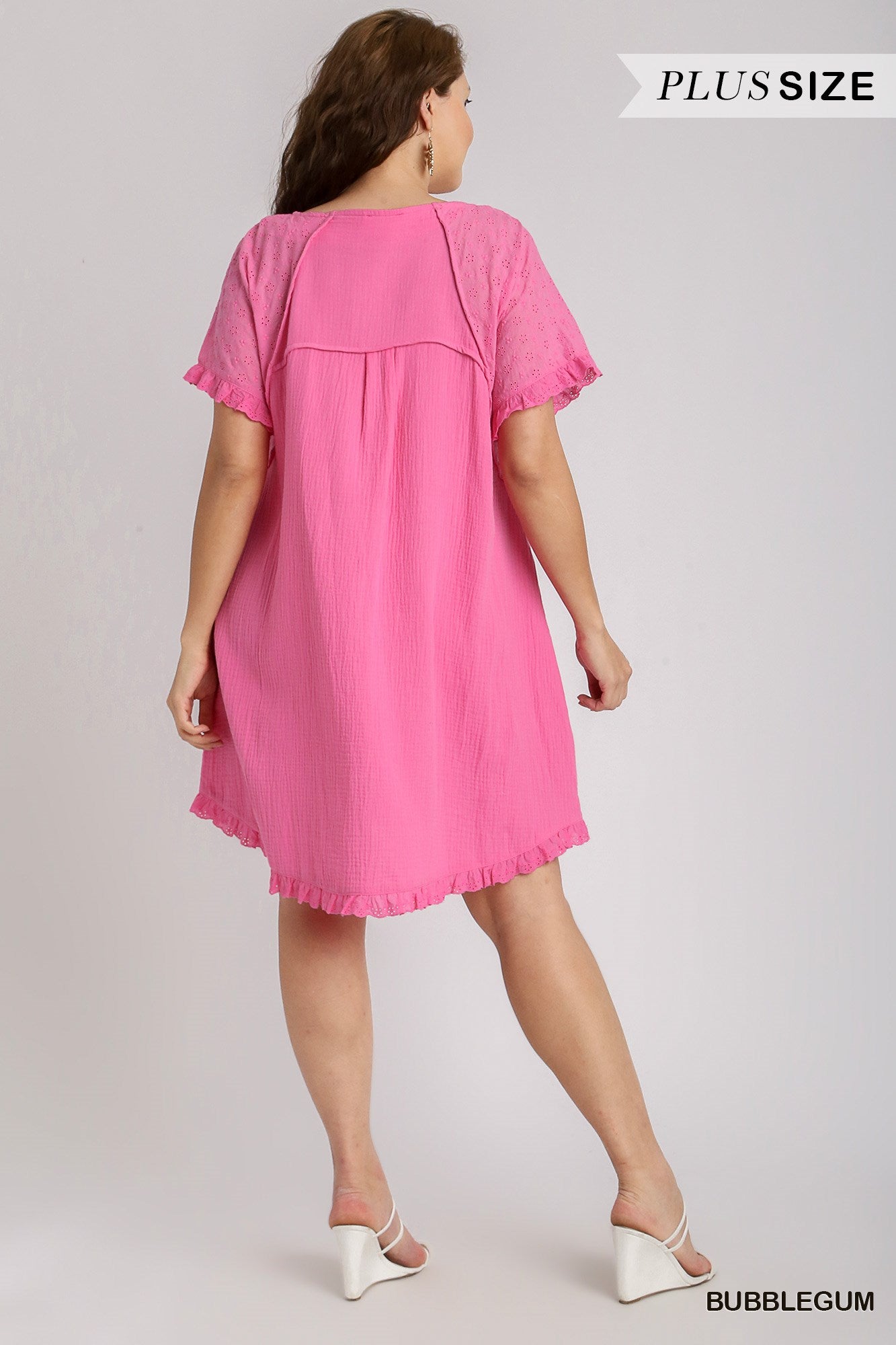 Round Neck Cotton Gauze Short Dress with Eyelet Sleeves & Ruffle Eyelet Ends