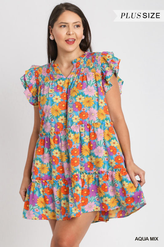 V-Notched Floral Print Dress with Double Layered Ruffle Sleeve, & Pocket Details